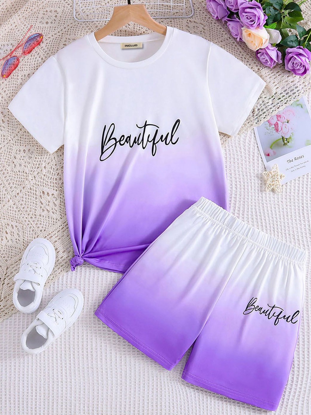 

INCLUD Girls Dyed T-Shirt with Shorts, Purple