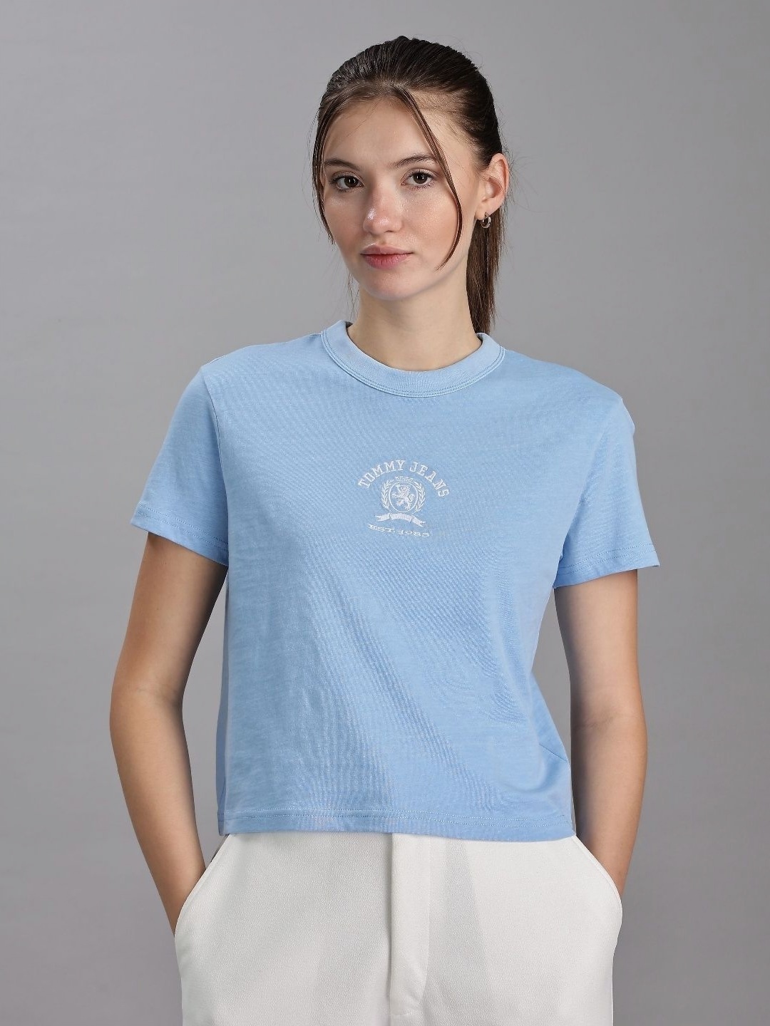

Tommy Hilfiger Women Typography Printed Round Neck Cotton T-shirt, Blue