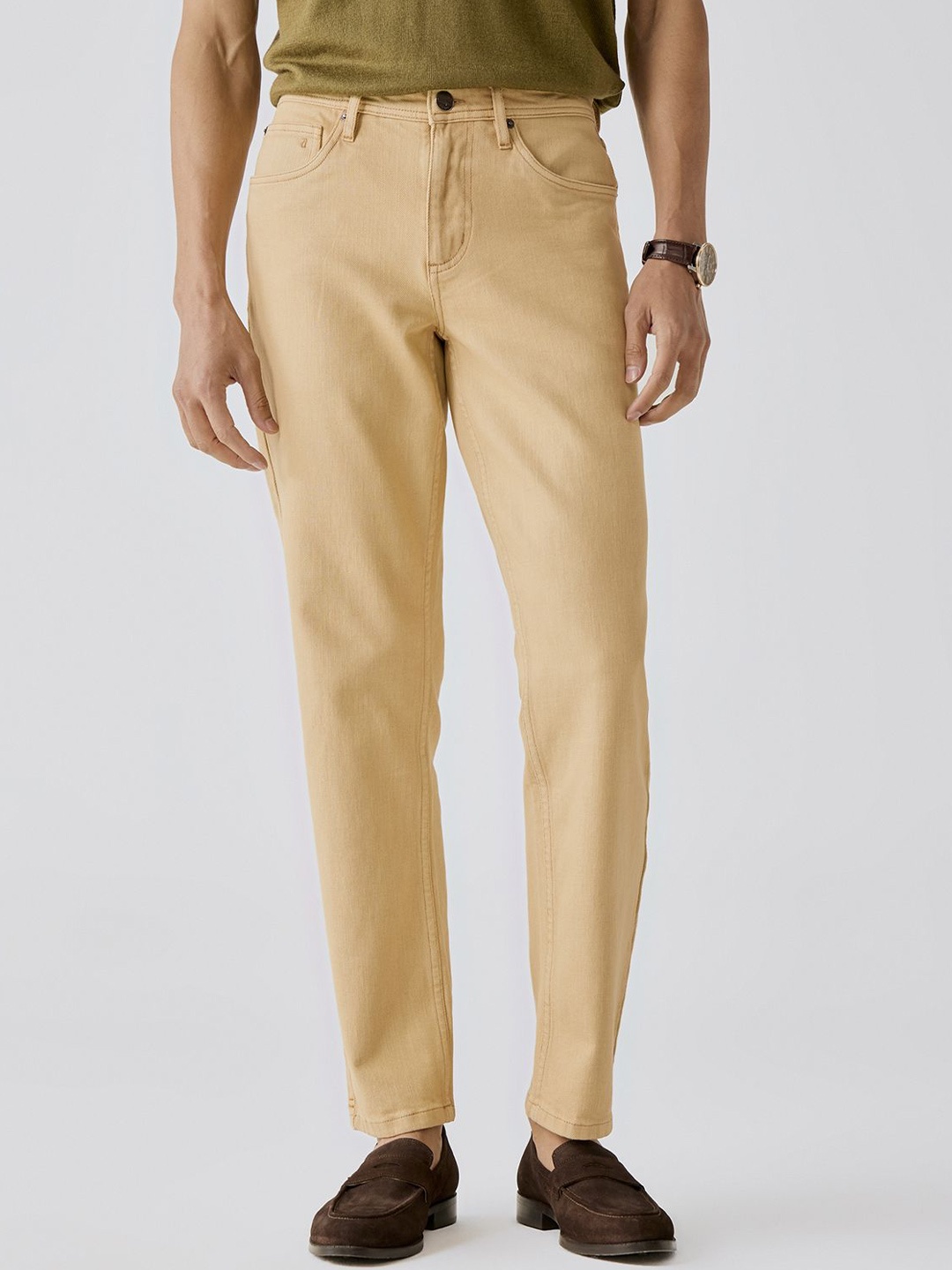 

Andamen Mens Casual Twill Woven Special Dye/Wash Effect Slim Jeans, Beige