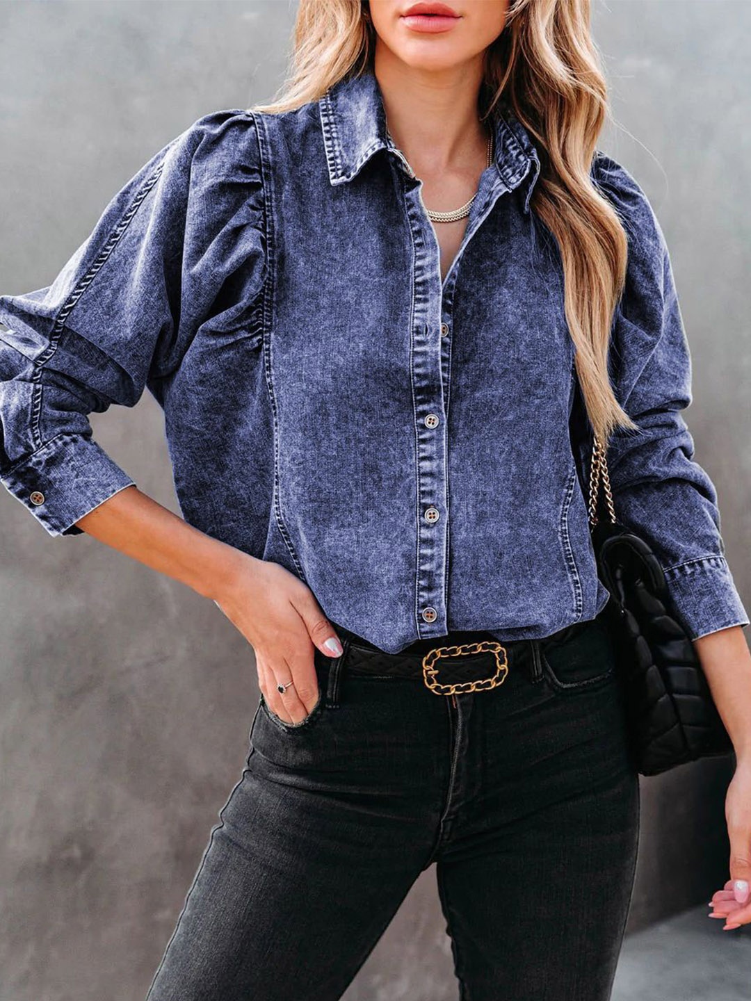 

StyleCast Women Relaxed Fit Spread Collar Solid Cotton Casual Shirt, Navy blue
