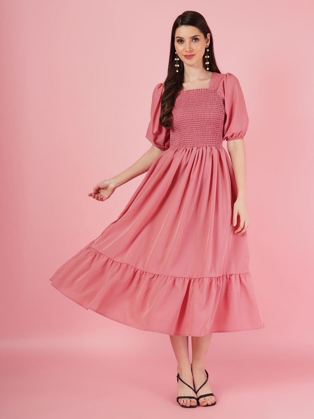 

OTABU Women Fit And Flare Midi Dress, Pink