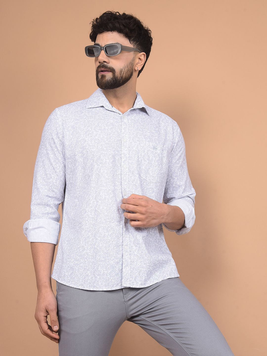 

Crimsoune Club Men Classic Slim Fit Floral Printed Casual Shirt, White