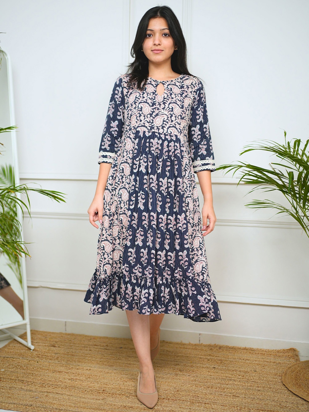

Shreetatvam Women Navy Blue Handblock Printed Cotton Midi Dress