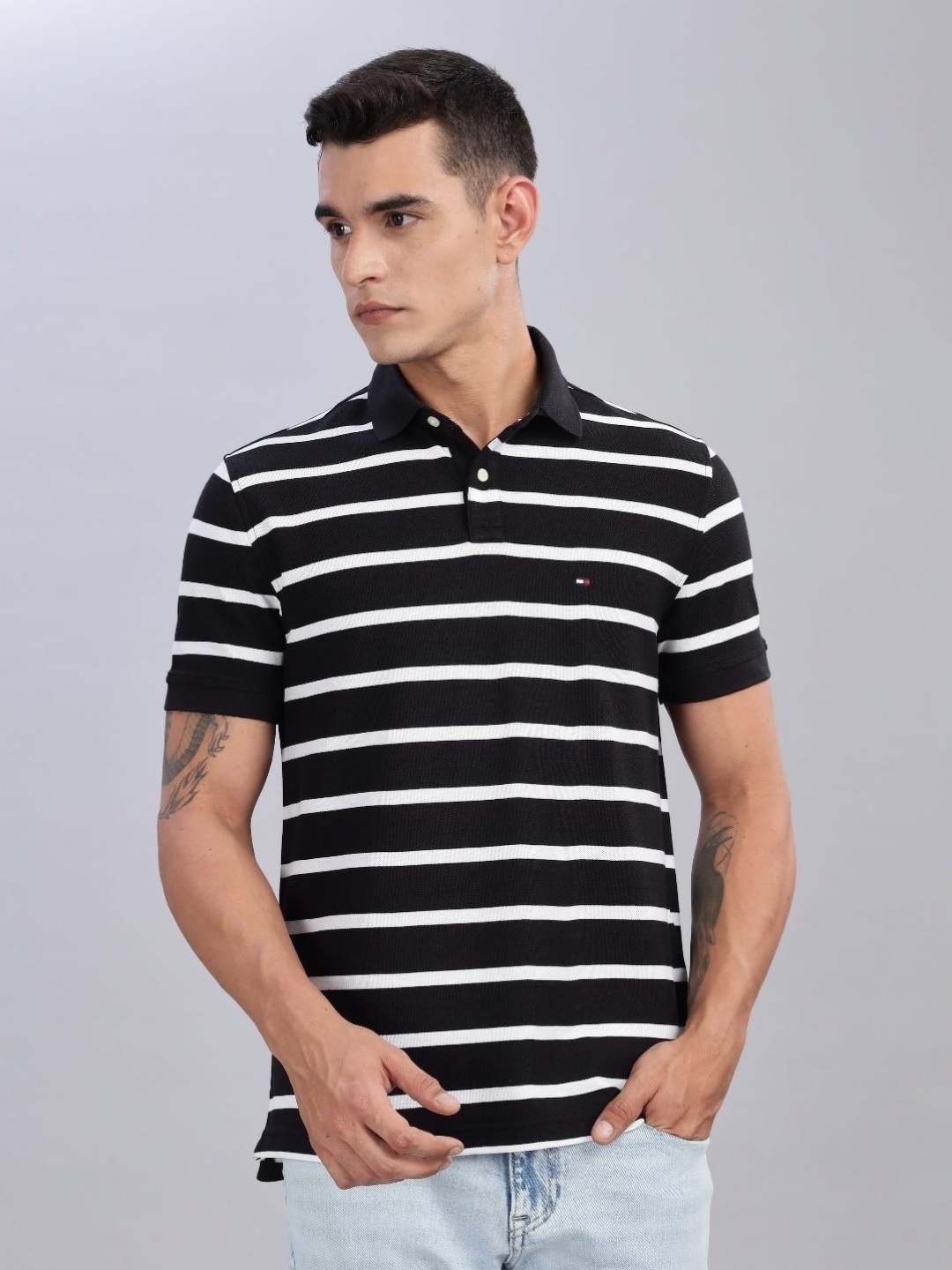 

Tommy Hilfiger Men Striped Polo Collar Cotton T-shirt, Black