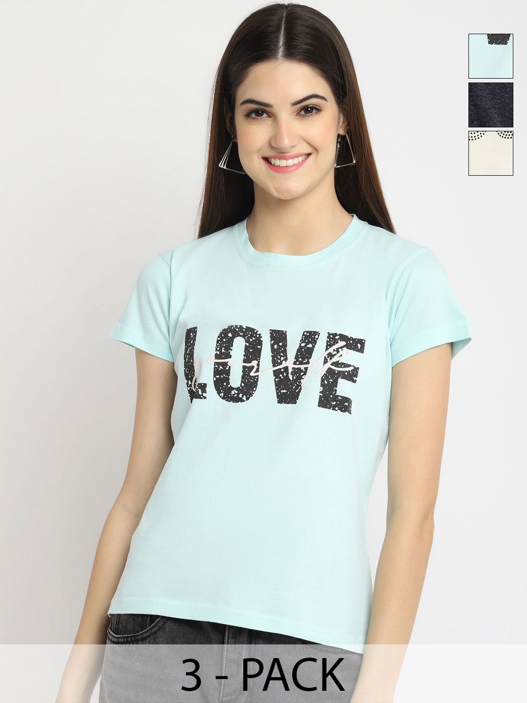 

Dreambe Women Pack of 3 Typography Printed Round Neck Cotton T-shirts, Cream