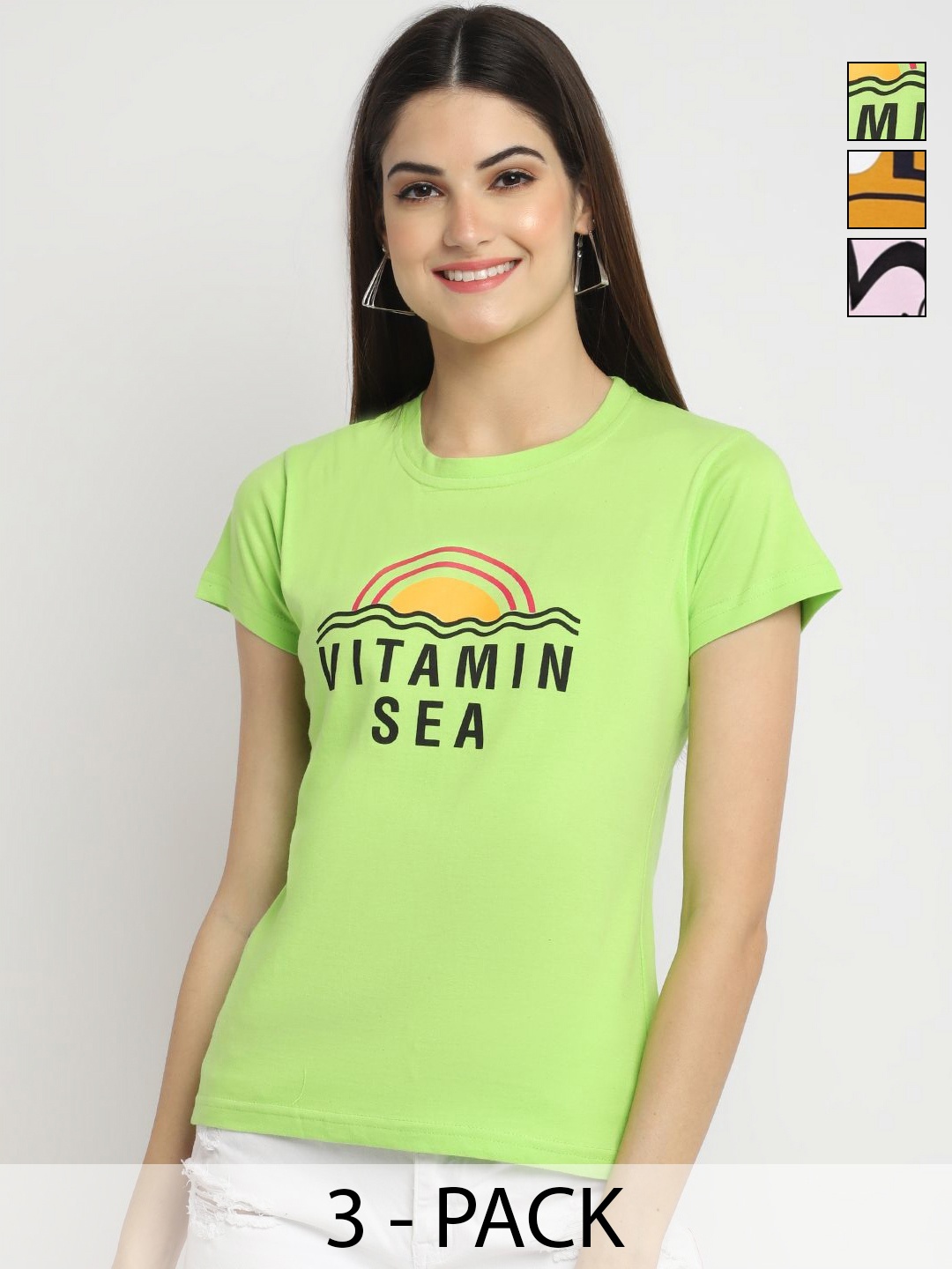 

Dreambe Women Pack of 3 Typography Printed Round Neck Cotton T-shirts, Green