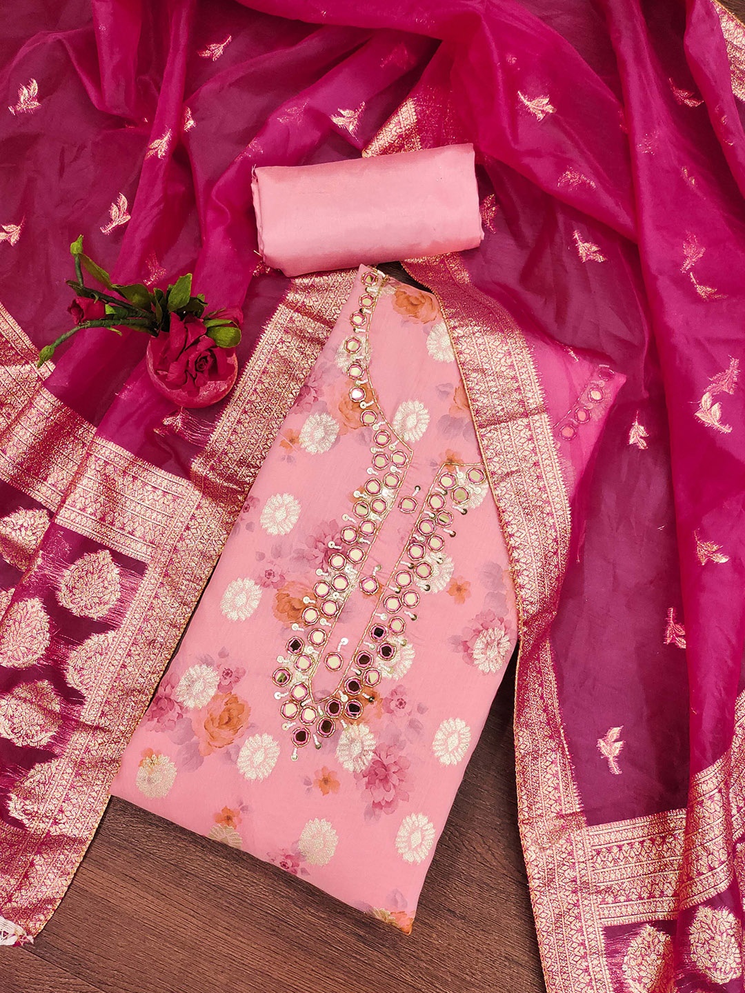 

SHADOW & SAINING Ethnic Motifs Embellished Beads and Stones Semi-Stitched Dress Material, Pink