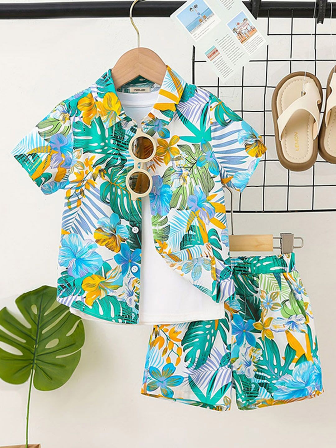 

INCLUD Boys Tropical Printed Shirt Collar Shirt With Shorts, Green
