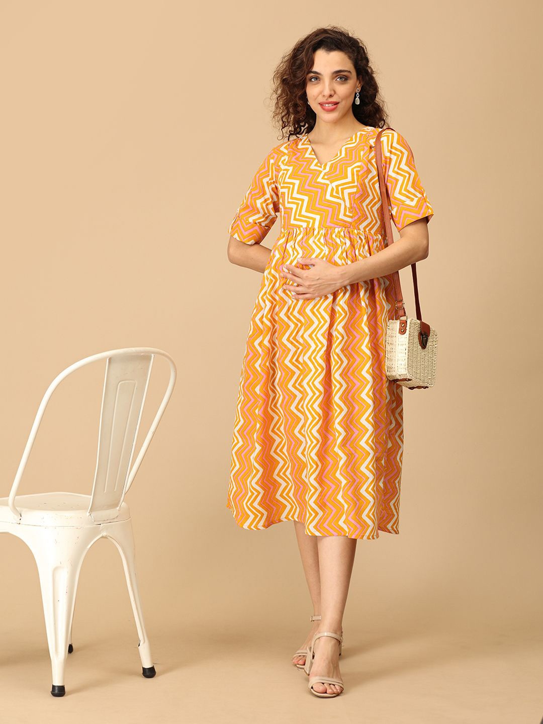 

The Mom Store Women Geometric Printed V-Neck Maternity A-Line Midi Dress, Orange