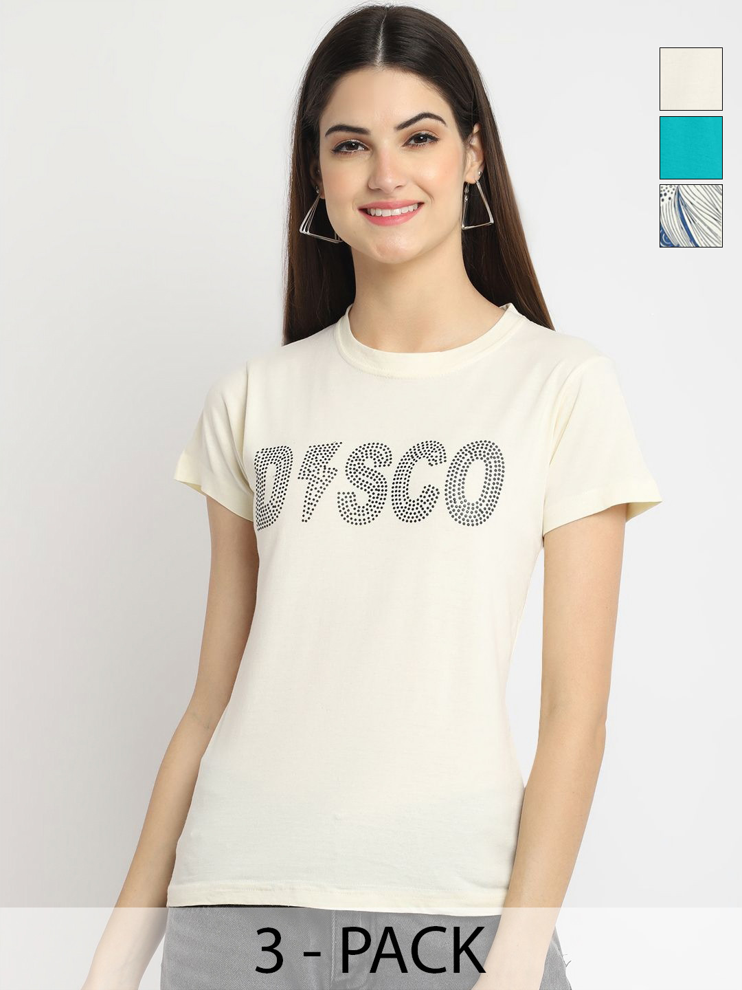 

Dreambe Pack Of 3 Typography Printed Round Neck Short Sleeves Cotton T-shirt, Cream