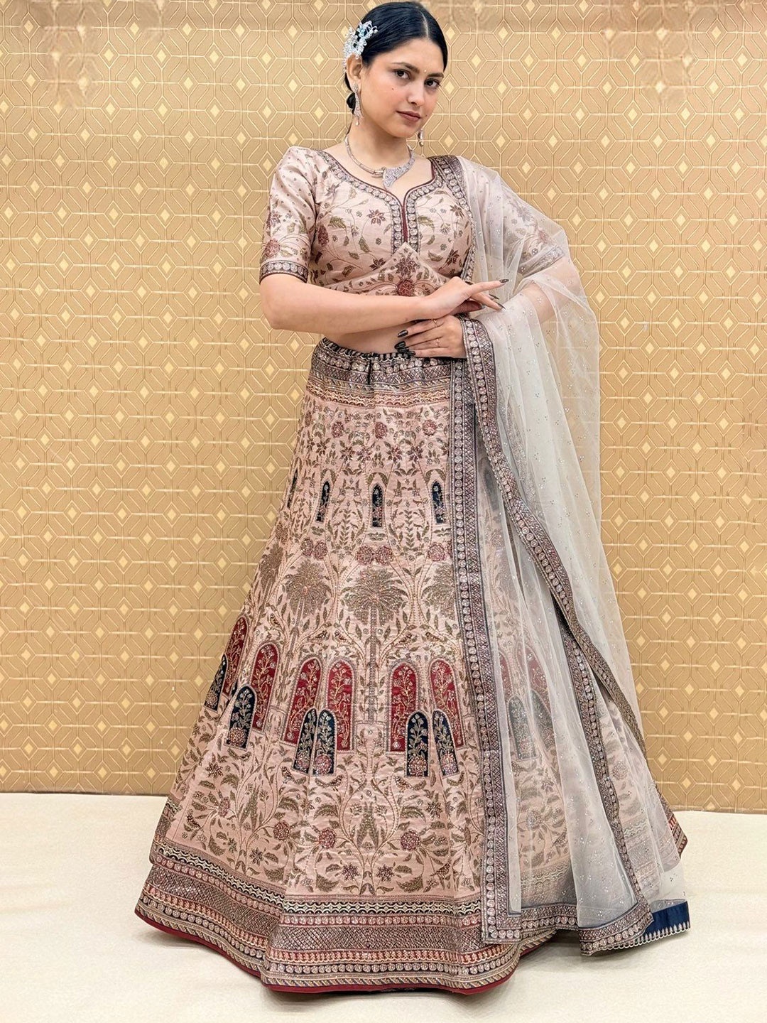 

KUNDAN FAB Printed Semi-Stitched Lehenga & Unstitched Blouse With Dupatta, Beige