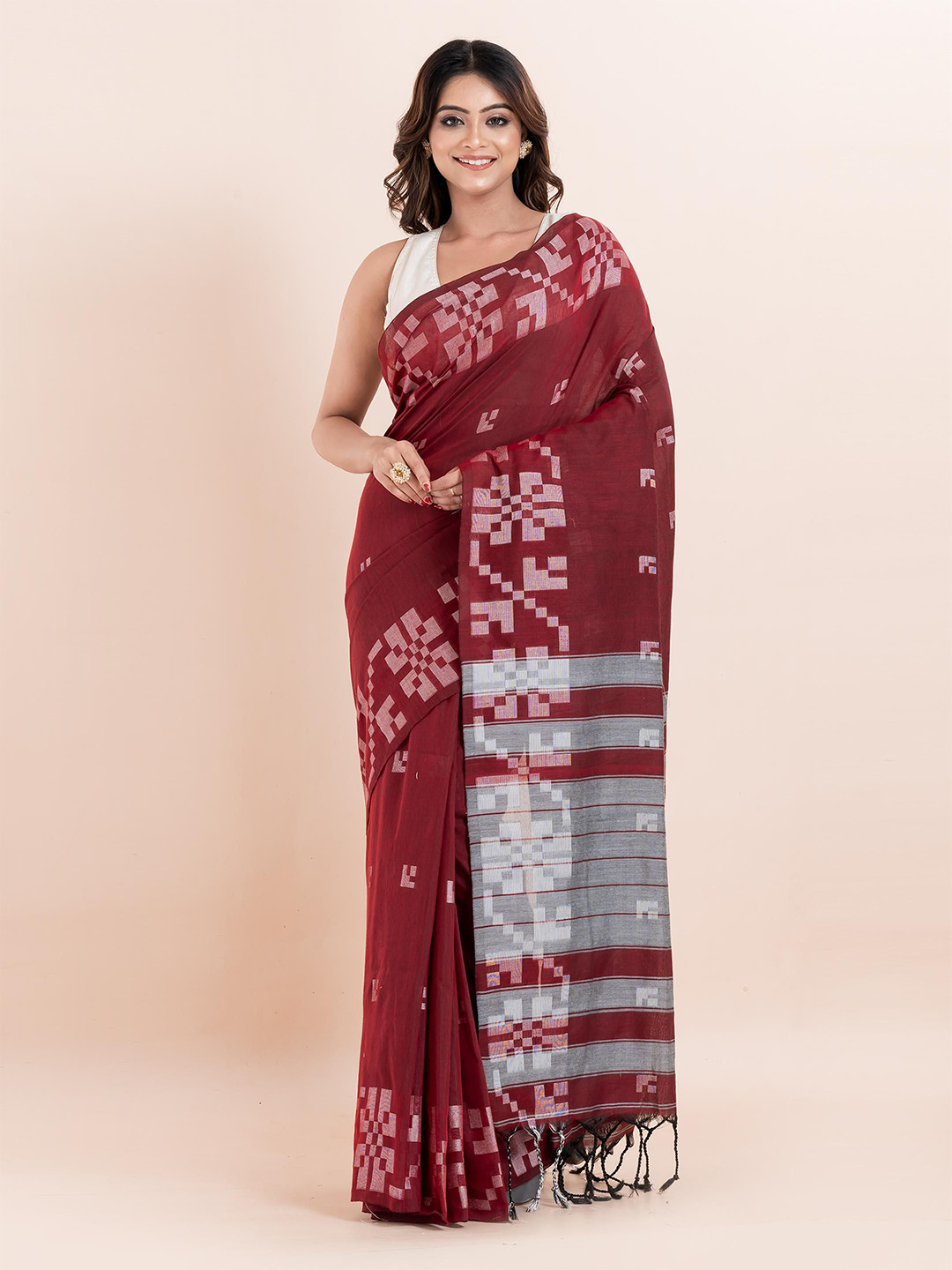 

PUKU Printed Pure Cotton Saree, Maroon