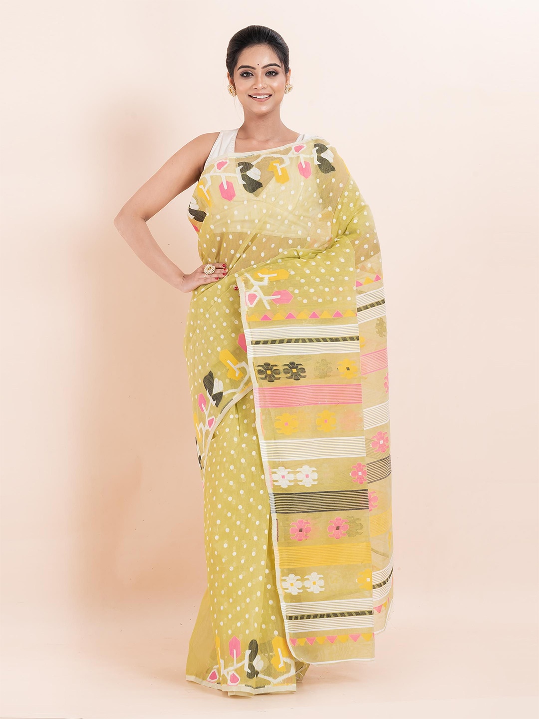 

PUKU Ethnic Motifs Woven Design Jamdani Saree, Yellow