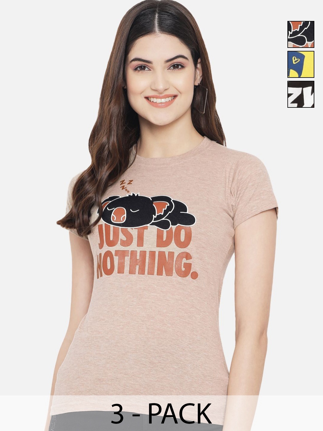 

Dreambe Women Pack Of 3 Typography Printed Cotton T-shirt, Mauve