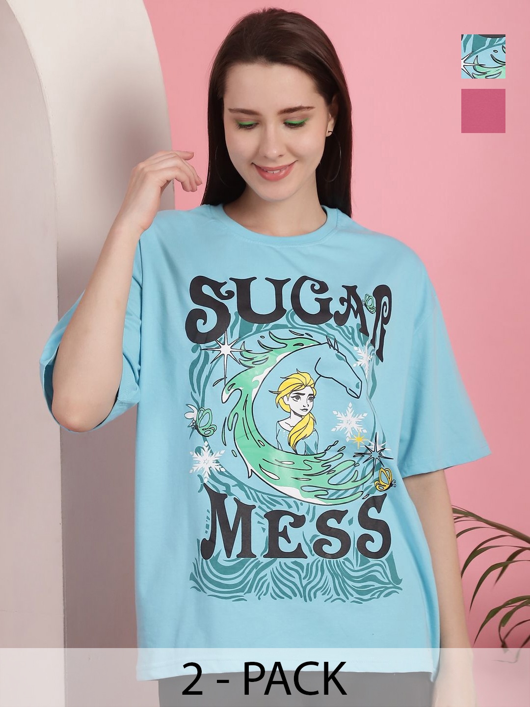 

GLOBAL NOMAD Women Pack Of 2 Graphic Printed Round Neck Cotton Oversized T-shirts, Blue