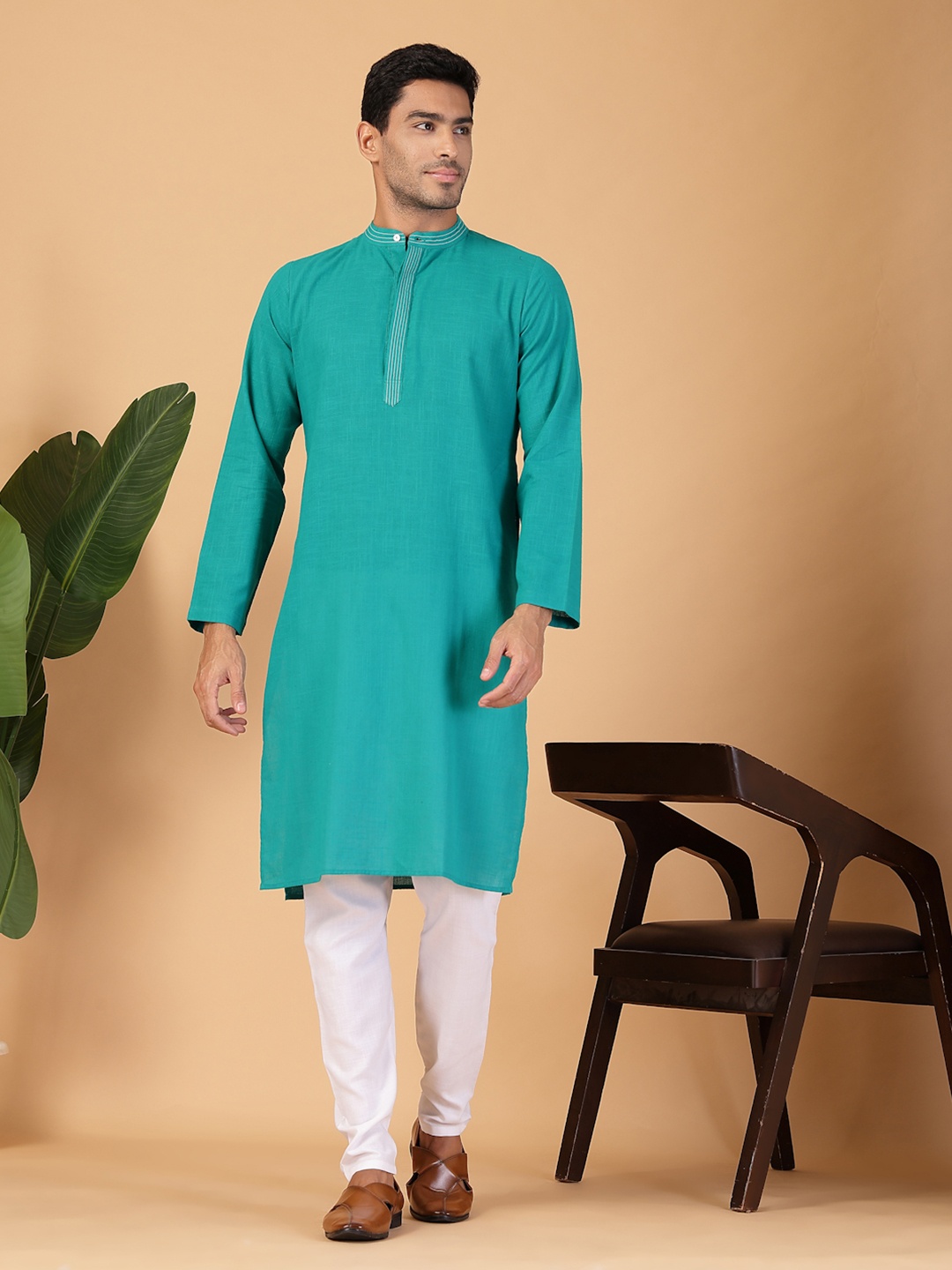 

FABRIC FITOOR Thread Work Band Collar Pure Cotton Straight Kurta, Teal