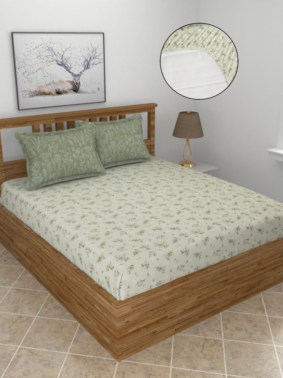 

BREVARD Cream Floral Printed 210 TC Fitted Cotton King Bedsheet Set 1.98 m x 1.82 m