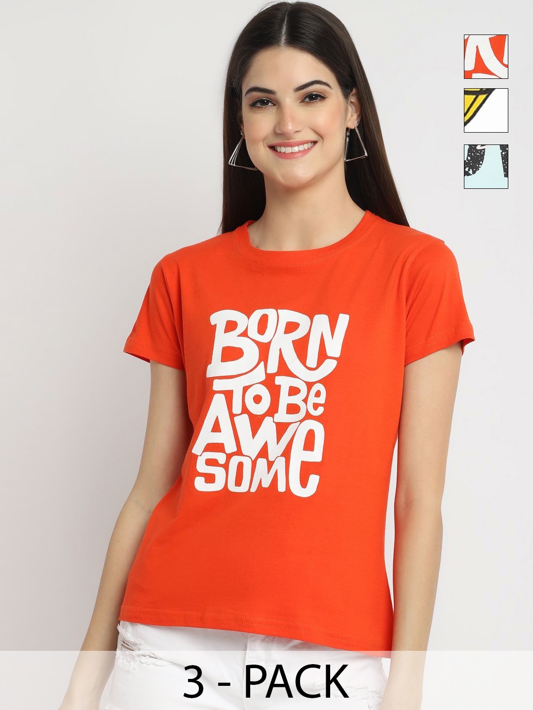 

Dreambe Pack Of 3 Typographic Printed Round Neck T-shirt, Orange