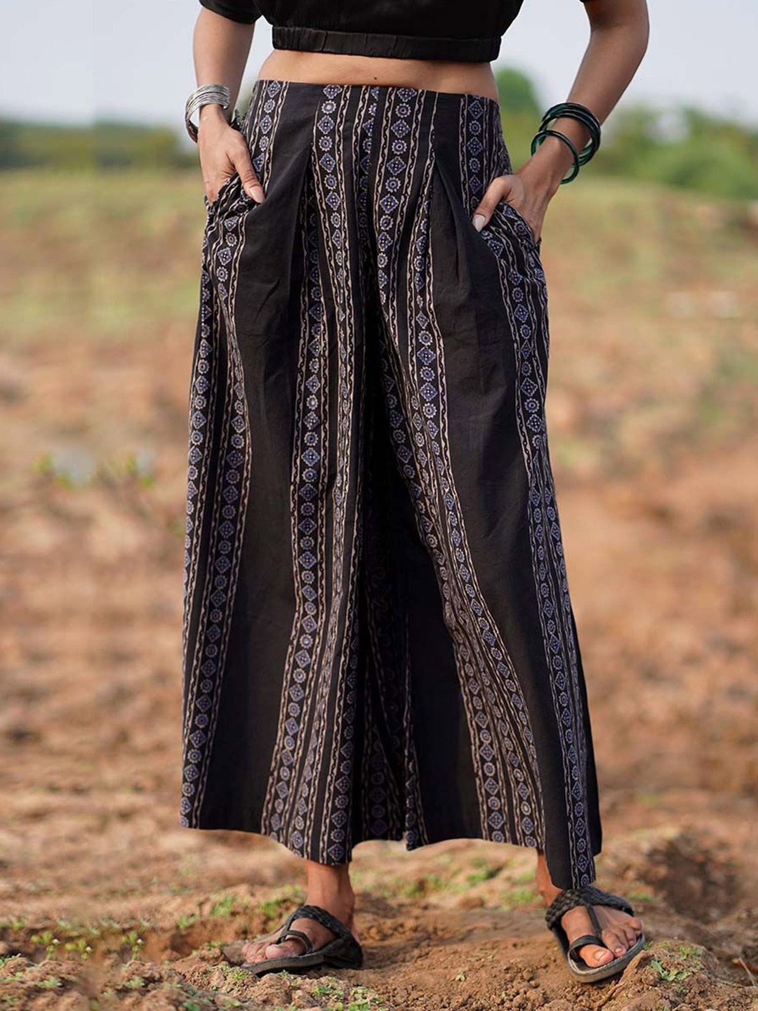 

Chidiyaa Women Where the Wind Blows Dance Blockprinted Cotton Pant, Black