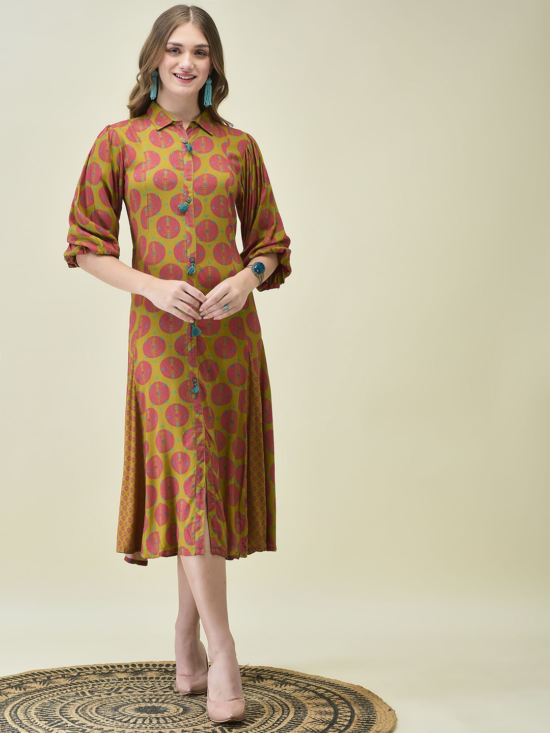

Shree Women Printed Shirt Collar Tassels Detailed A-Line Midi Dress, Olive