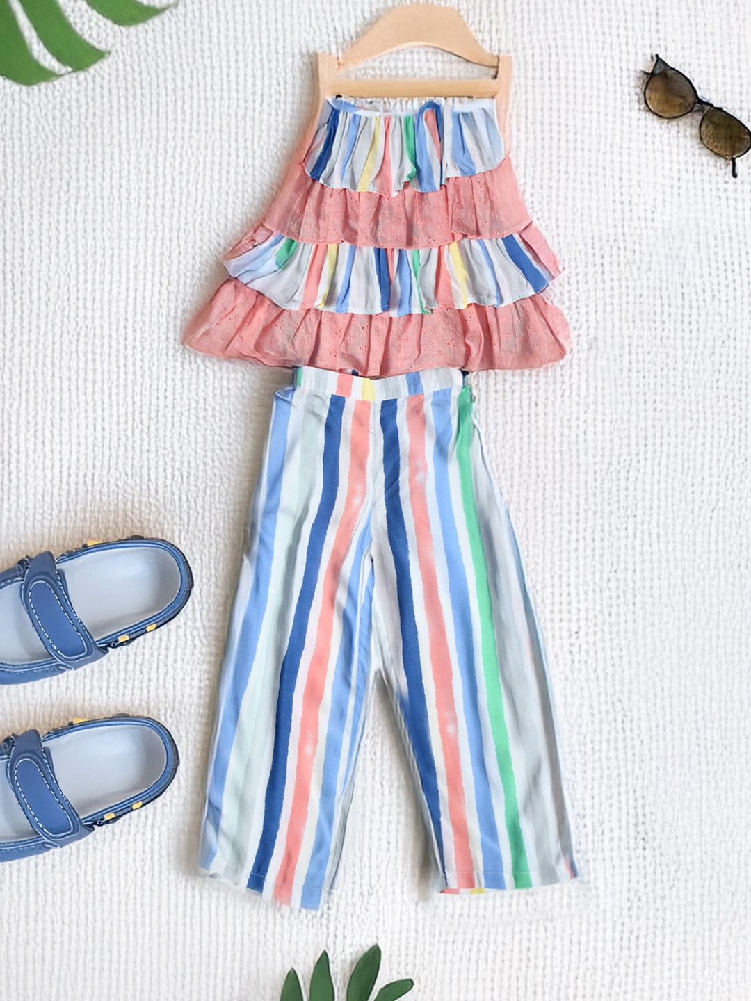 

Bella Moda Girls Striped Cotton Sleeveless Multi Layered Top With Trousers Clothing Set, White