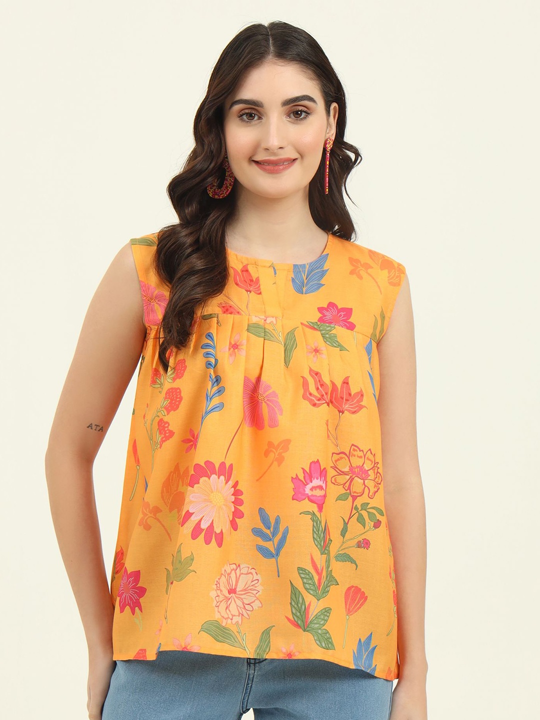 

REVOSAA Women Floral Printed Empire Top, Yellow