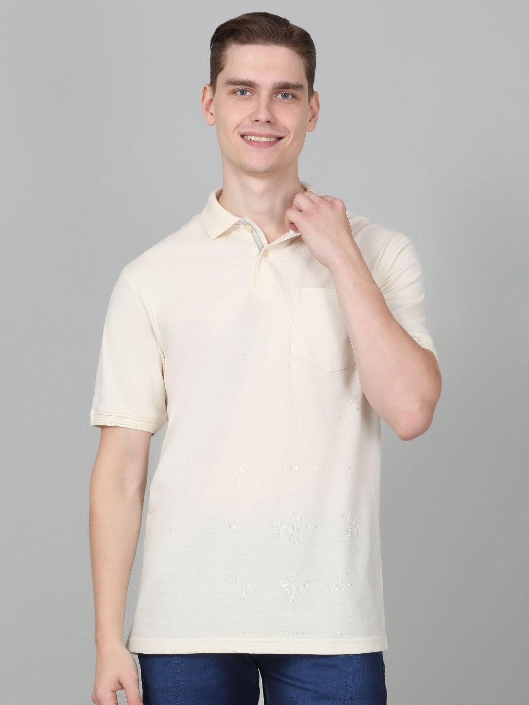 

Cantabil Men Solid Polo Collar Cotton T-shirt, Beige
