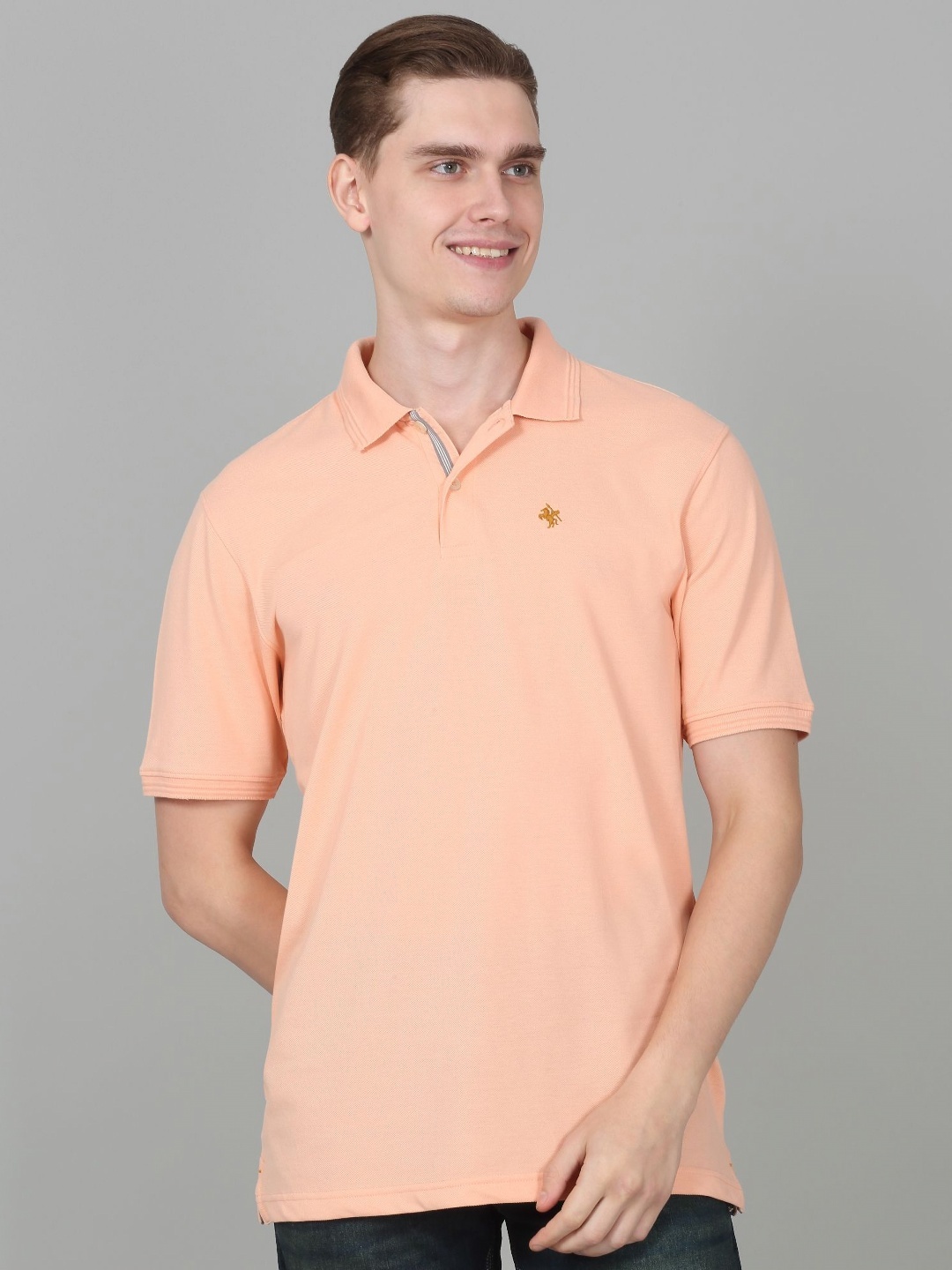 

Cantabil Men Solid Polo Collar Cotton T-shirt, Peach