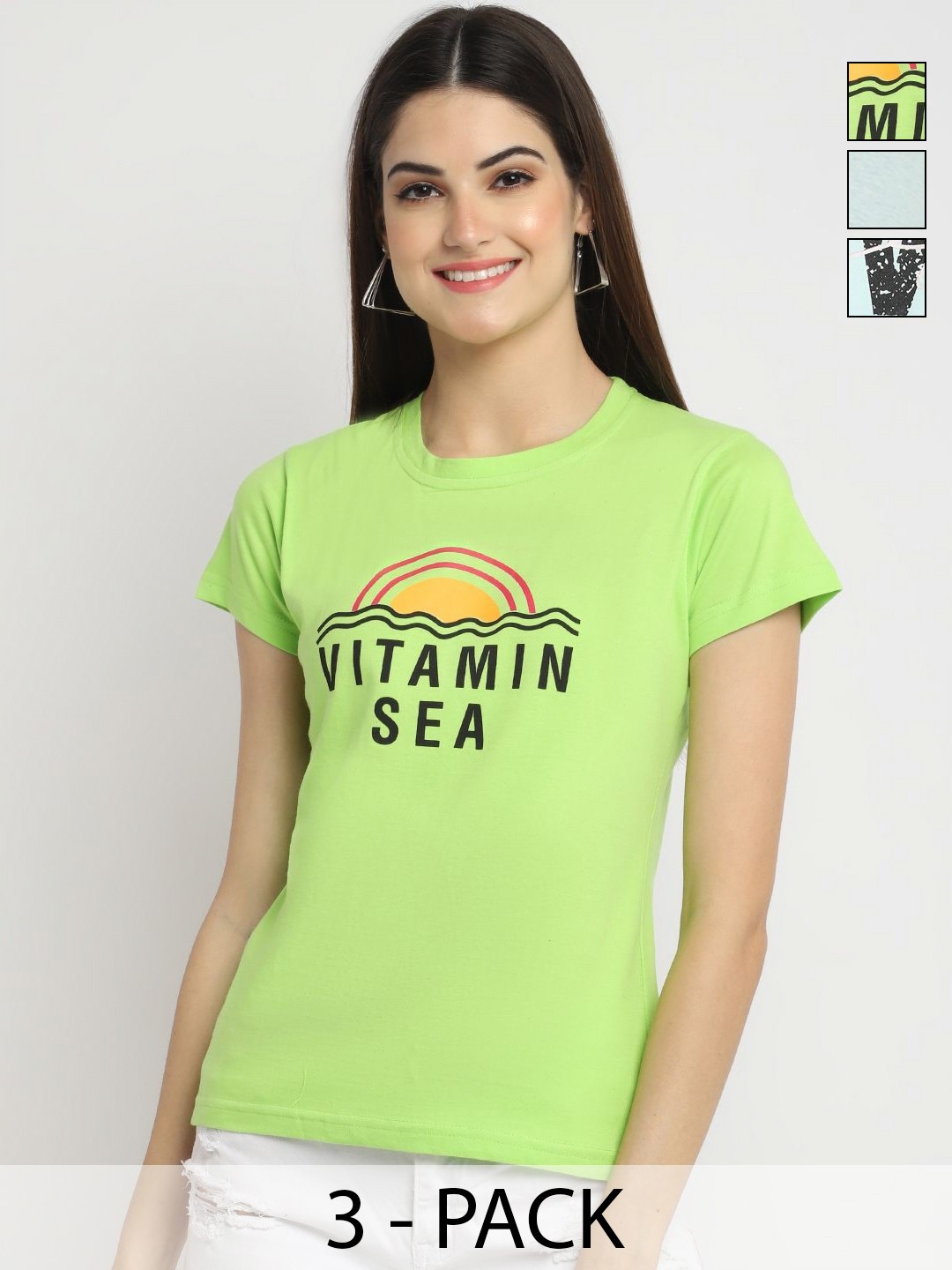 

Dreambe Women Pack of 3 Typography Printed Round Neck Cotton T-shirts, Green