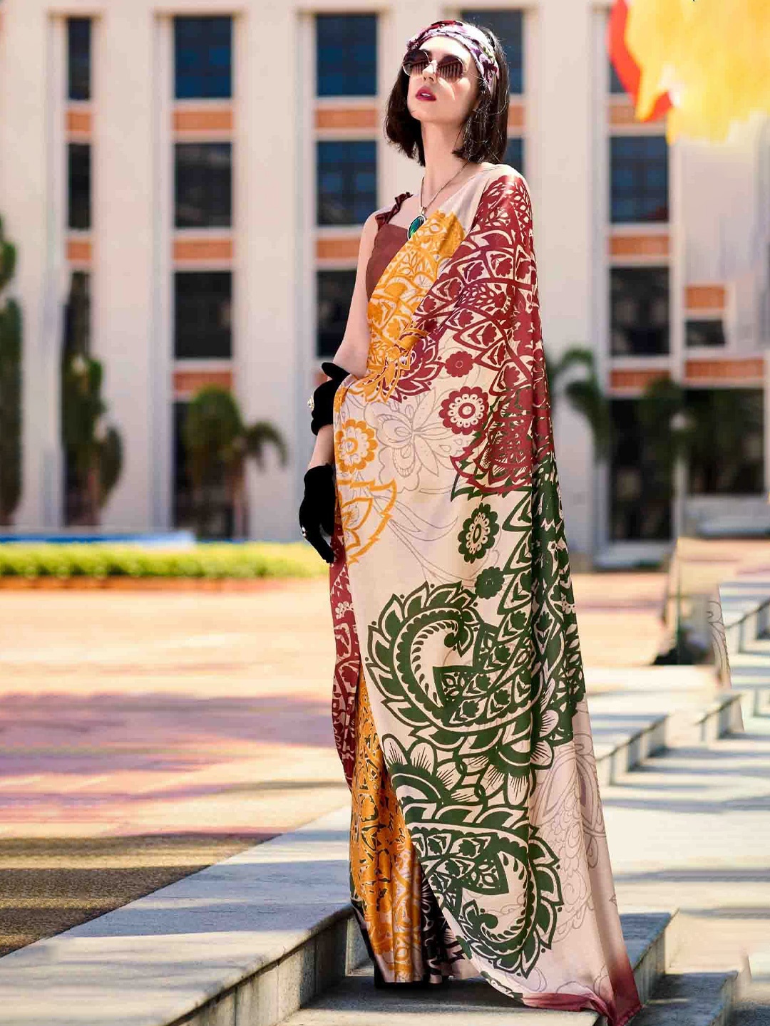 

KIMISHA Ethnic Motifs Printed Satin Saree, Yellow