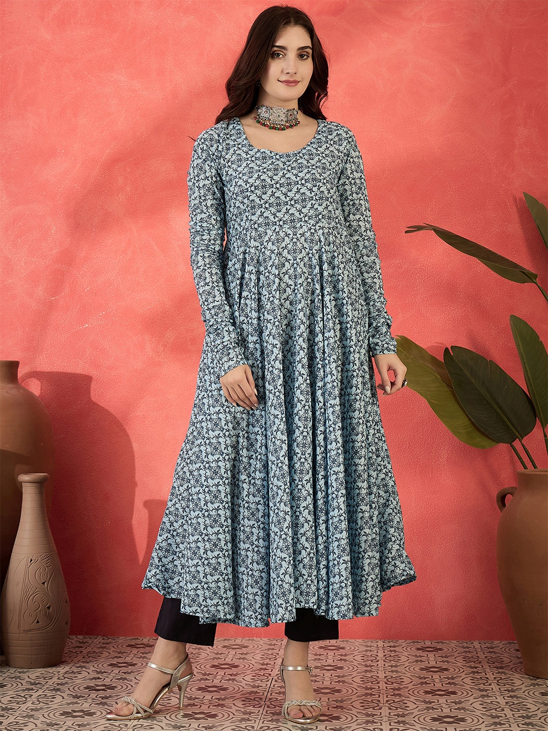 

Sangria Ethnic Motifs Printed Empire Anarkali Kurta With Trousers & Dupatta, Blue