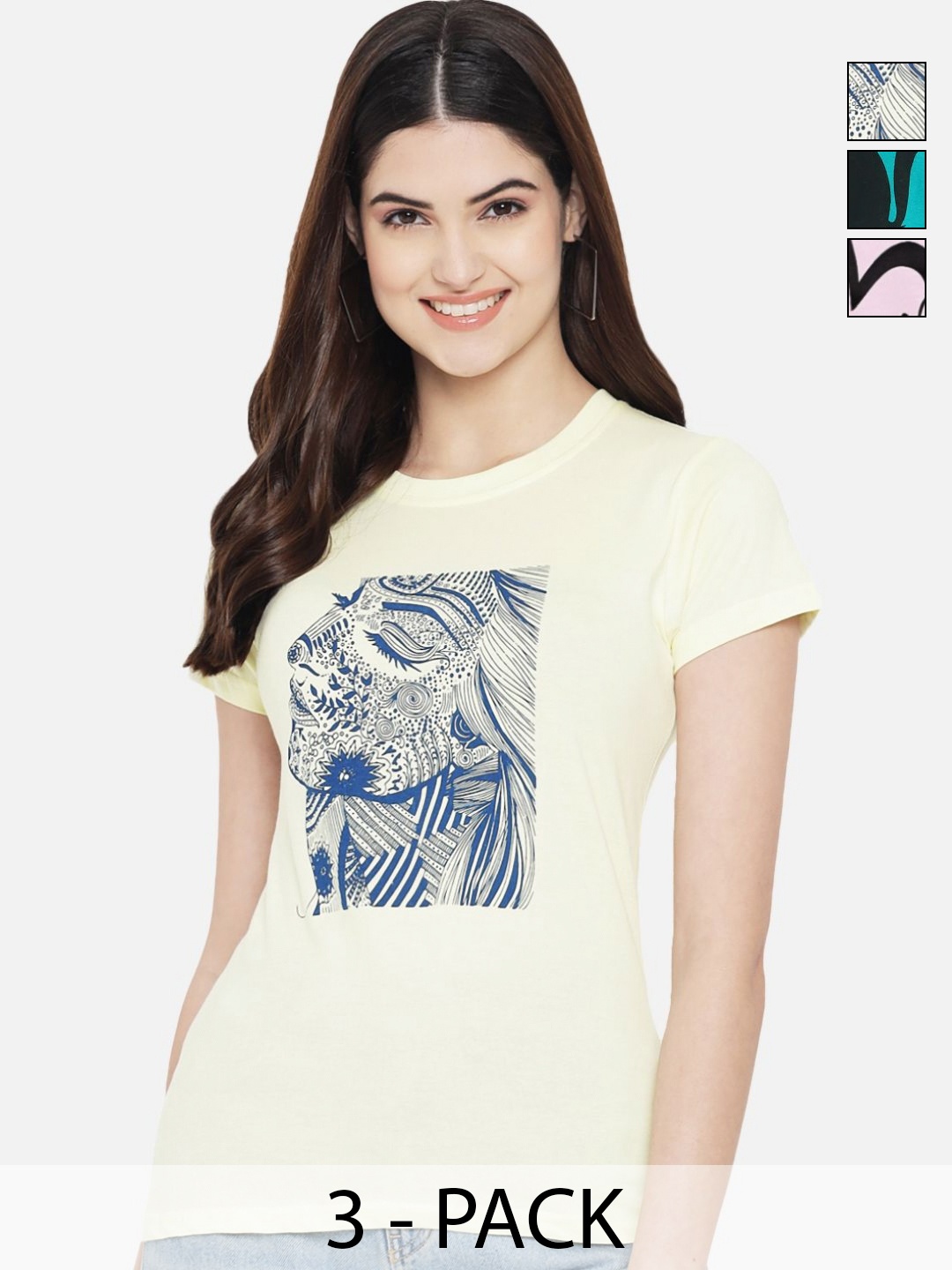 

Dreambe Women Pack of 3 Graphic Printed Round Neck Cotton T-shirts, Cream