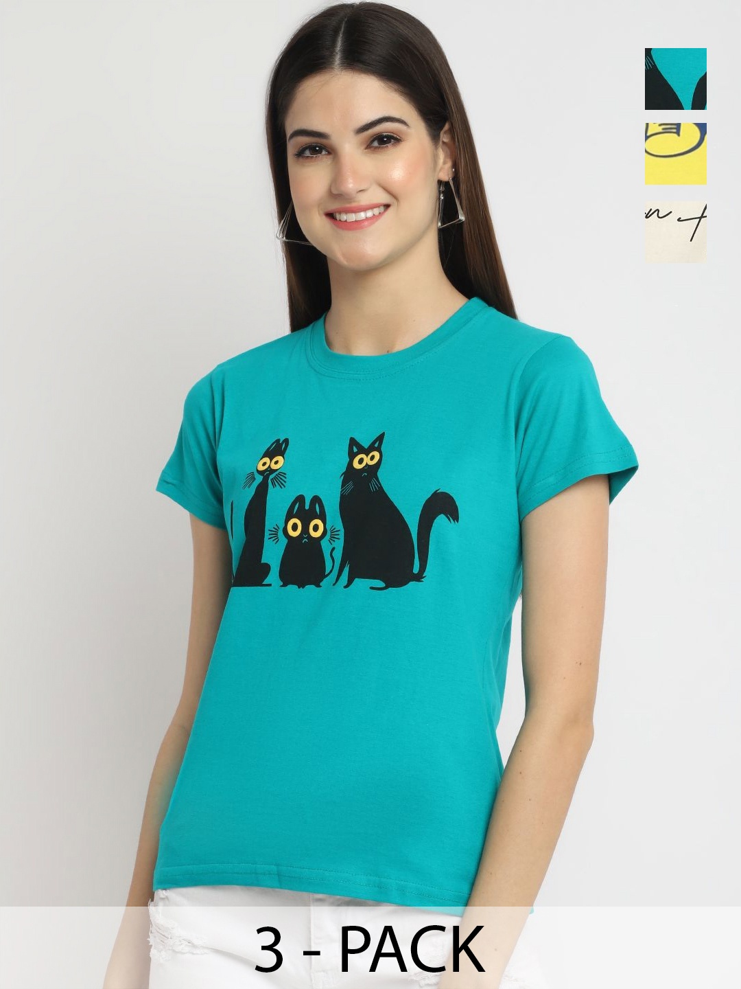 

Dreambe Women Pack of 3 Typography Printed Round Neck Cotton T-shirts, Teal
