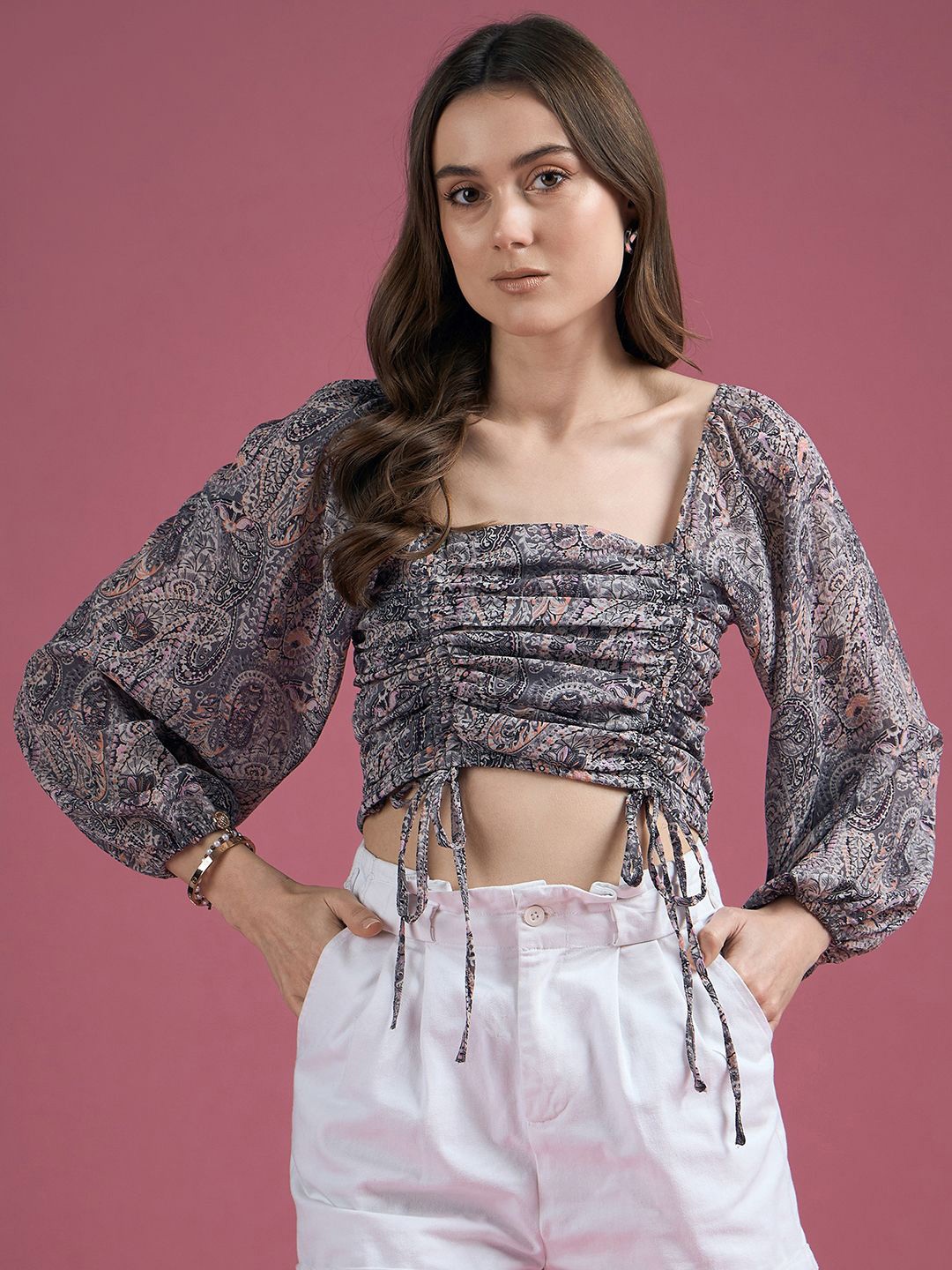 

CORSICA Floral Print Puff Sleeve Crepe Crop Top, Grey