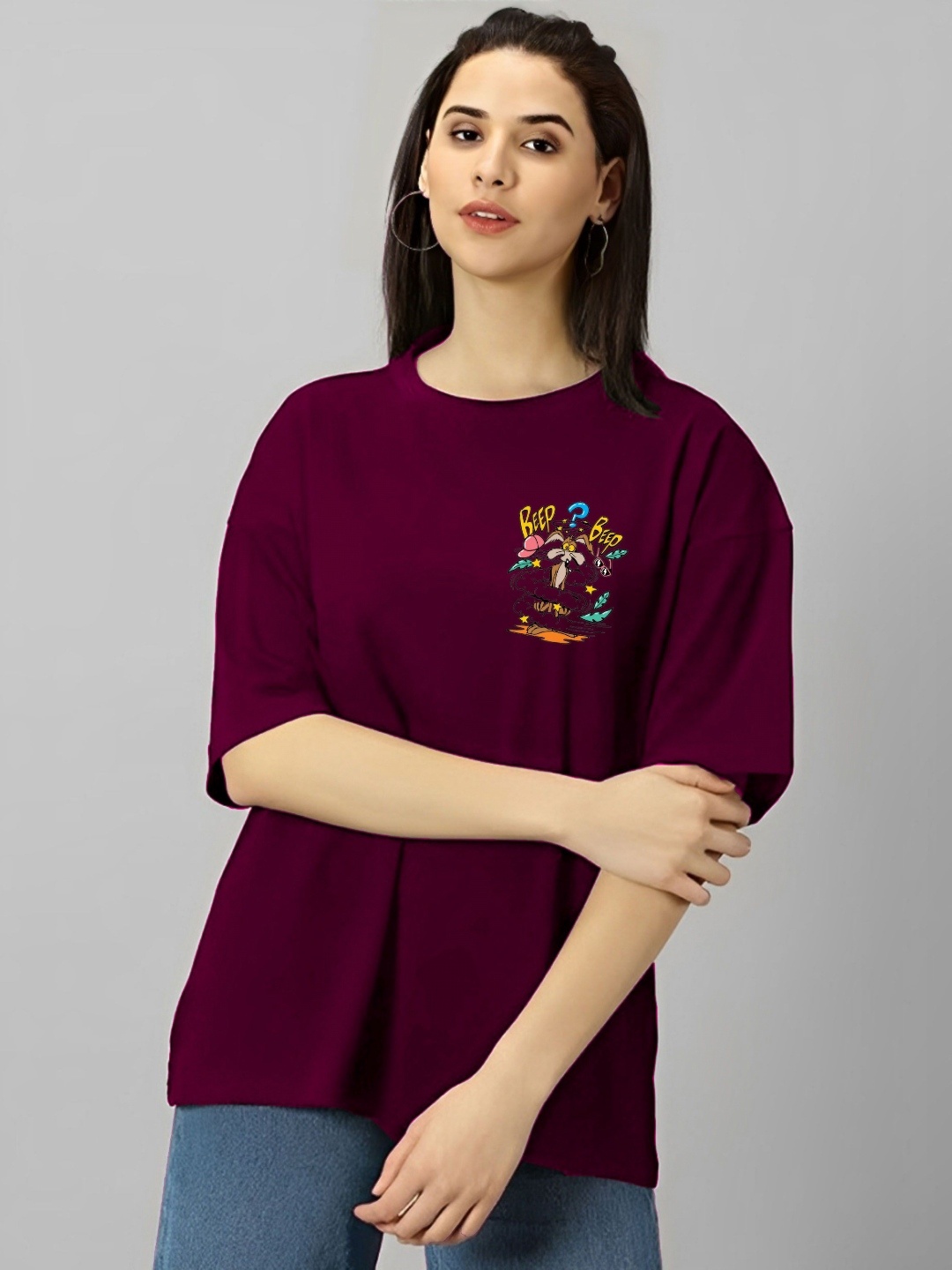 

LECOWAR Women Graphic Printed Round Neck Cotton Oversized T-shirt, Maroon