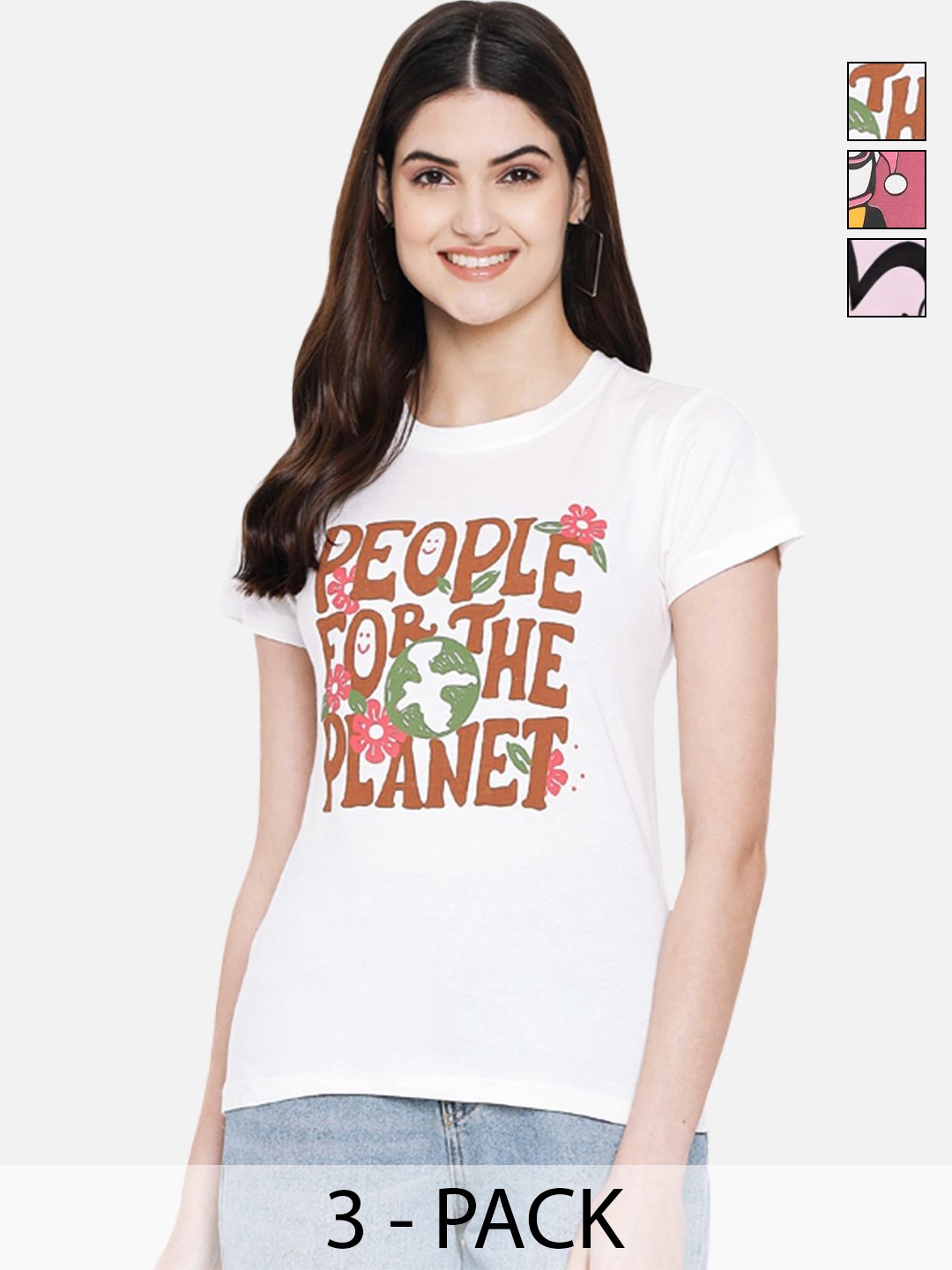 

Dreambe Women Pack of 3 Typography Printed Round Neck Cotton T-shirts, White