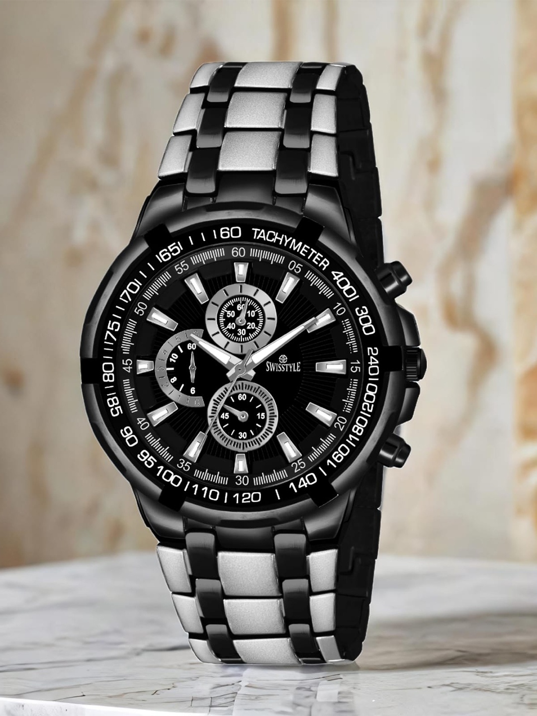 

SWISSTYLE Men Brass Embellished Dial & Stainless Steel Straps Analogue Watch SS-GR6618-BLK-CH, Black