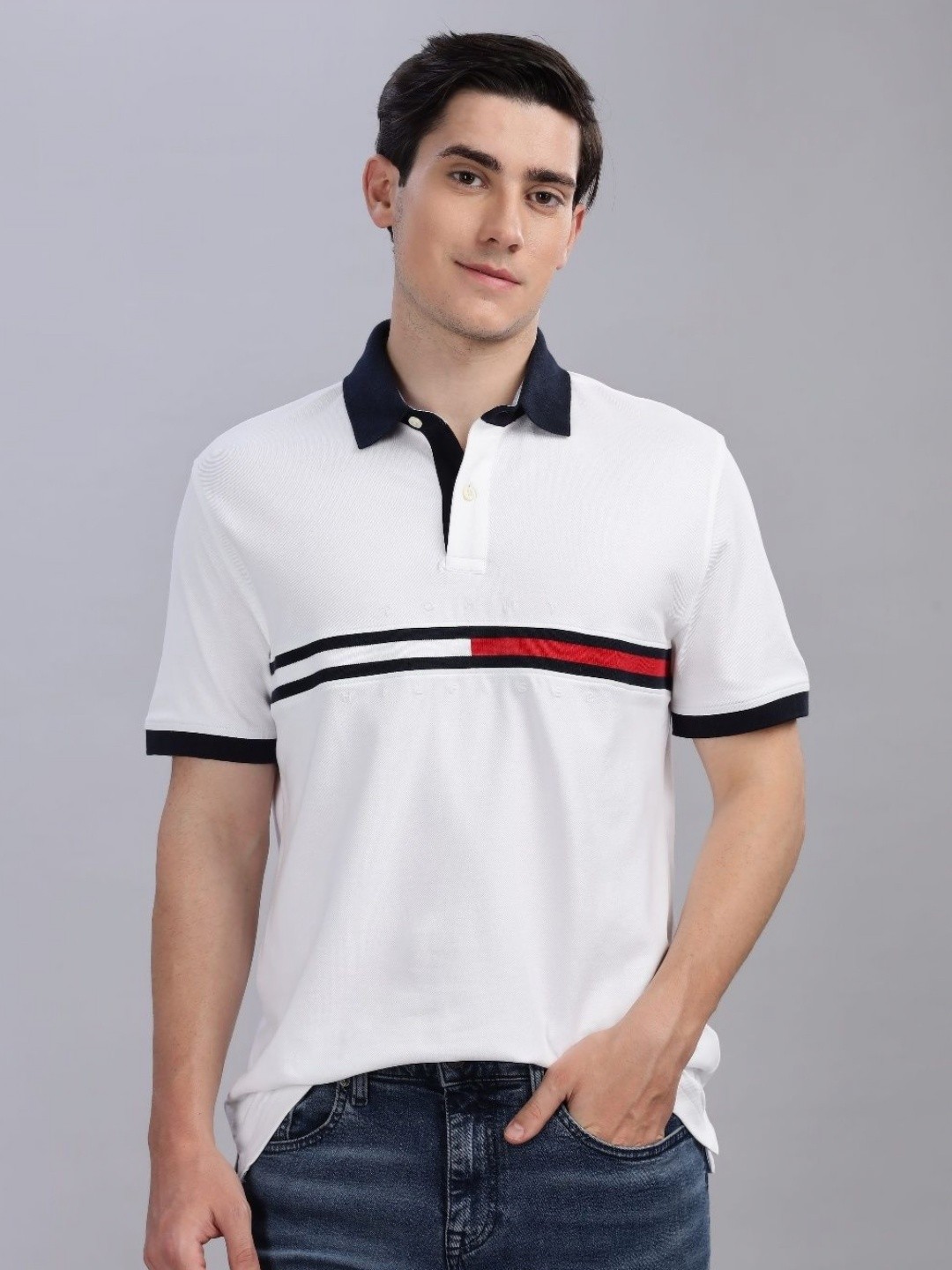 

Tommy Hilfiger Men Striped Polo Collar Cotton T-shirt, White