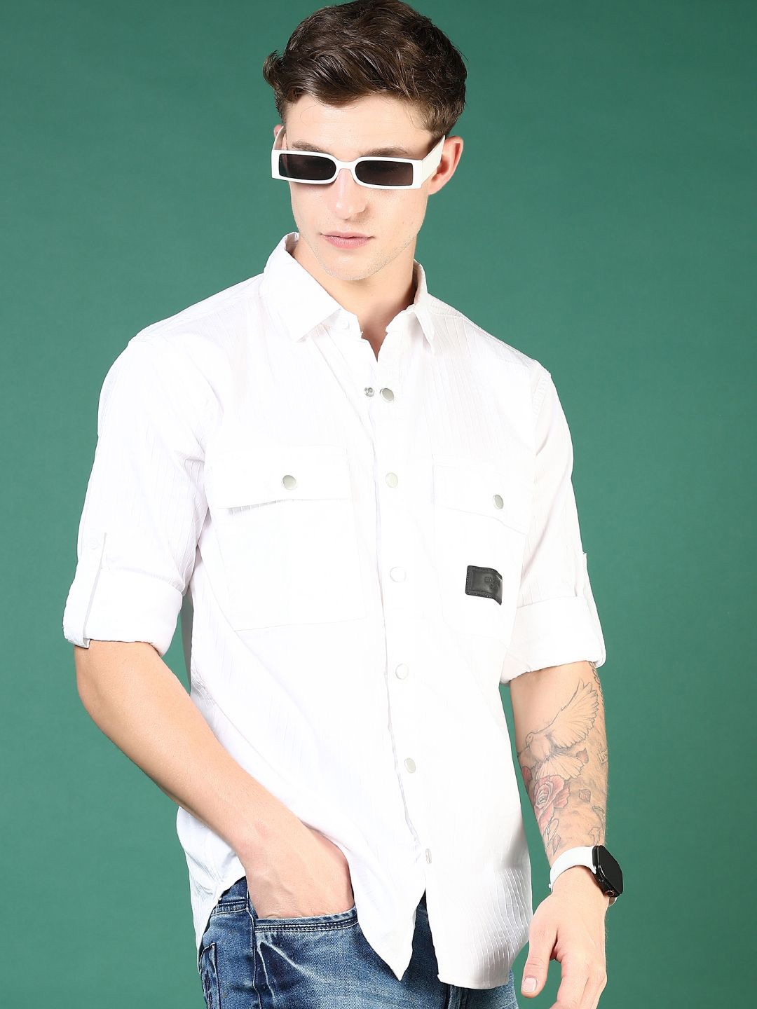 

V-Mart Men Slim Fit Spread Collar Solid Cotton Casual Shirt, White
