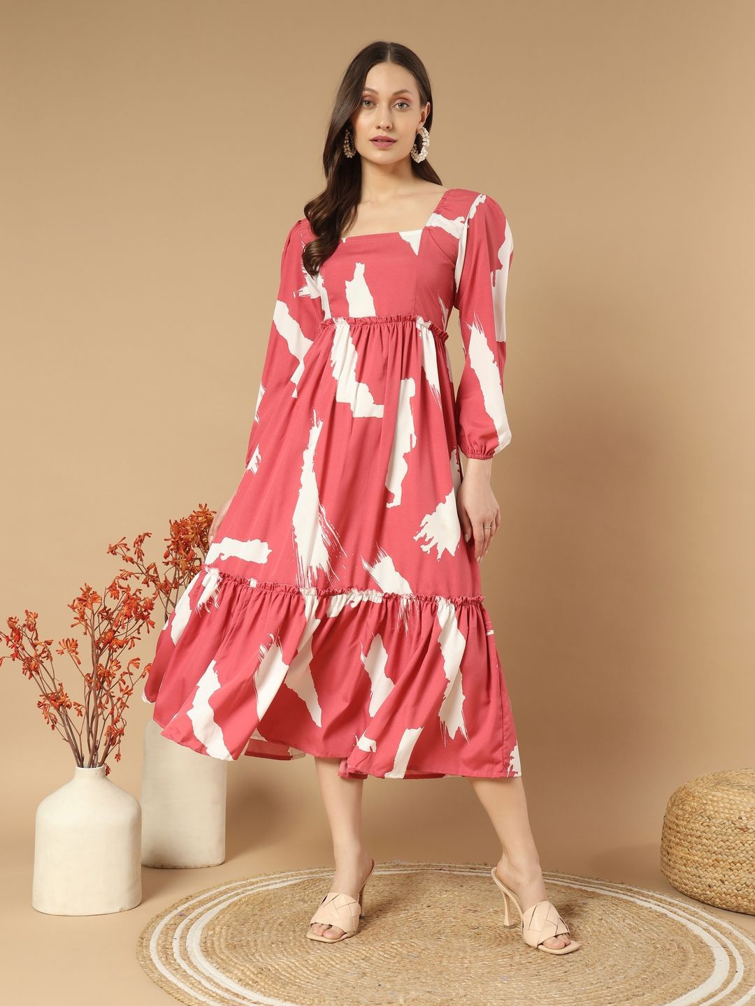 

OTABU Print A-Line Midi Dress, Pink