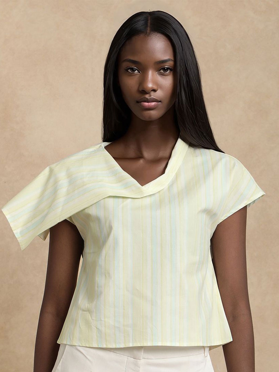 

RAREISM Prerty Striped Cotton Extended Sleeves Crop Top, Cream