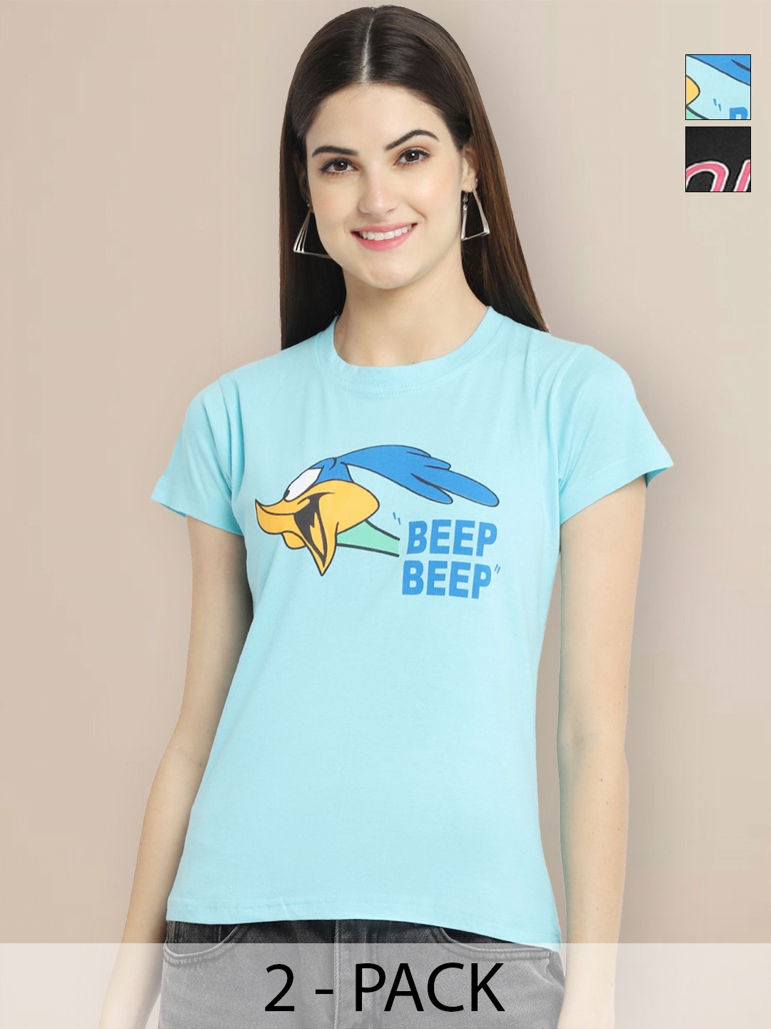 

GLOBAL NOMAD Women Pack of 2 Looney Tunes Typography Printed Round Neck Cotton T-shirts, Blue