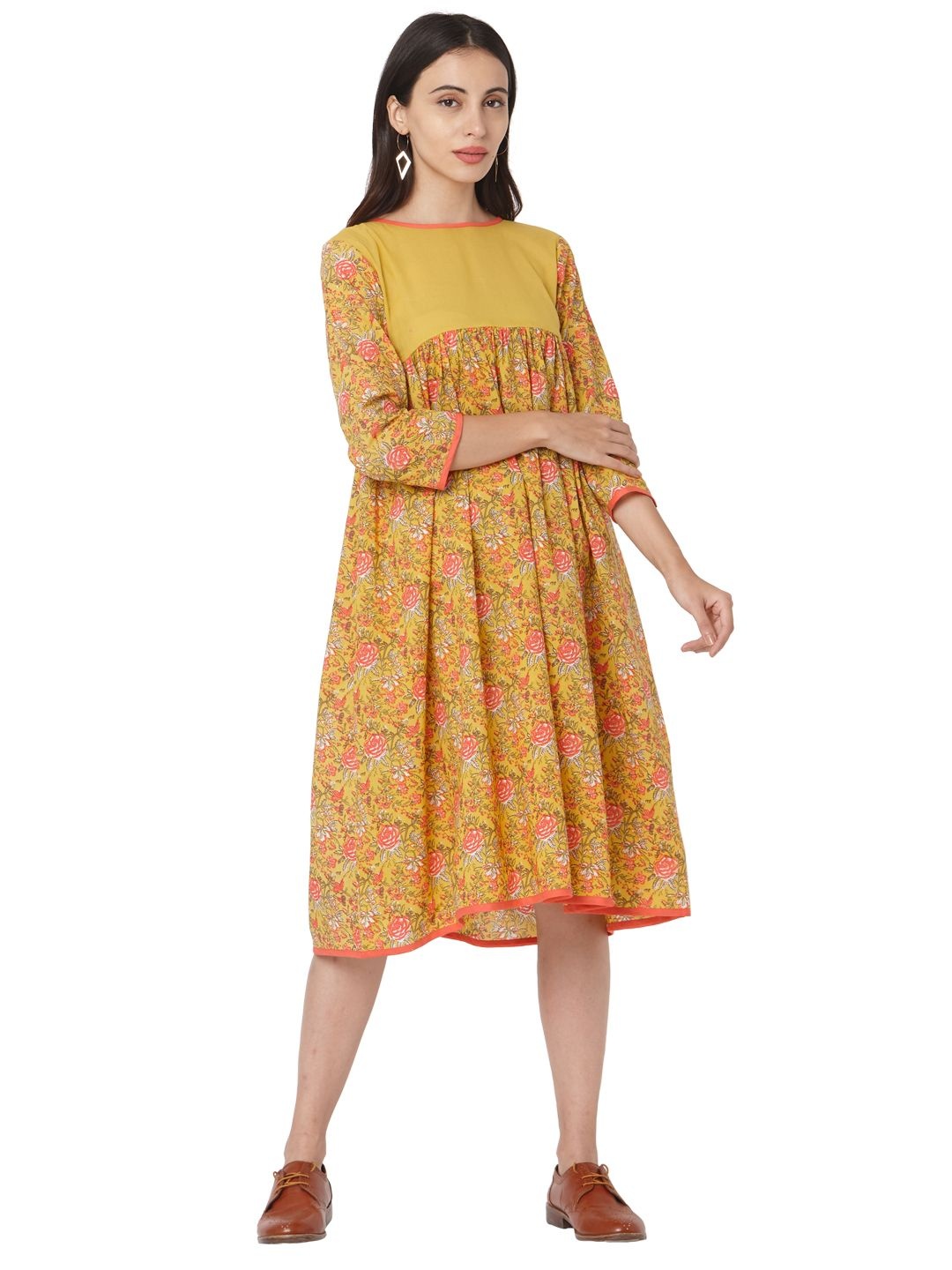 

KALINI Women Floral Print Round Neck Midi A-Line Dress, Mustard