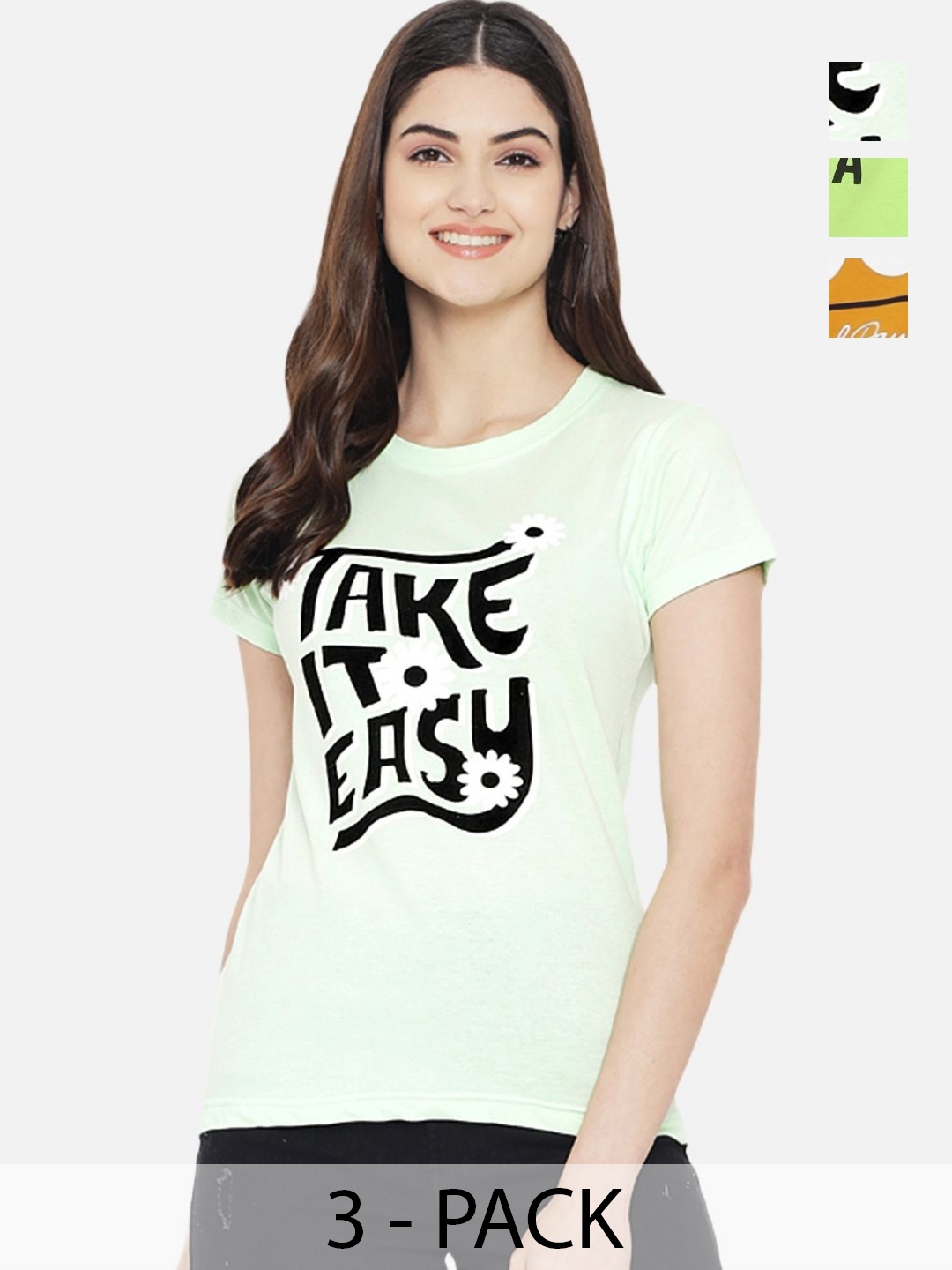 

Dreambe Women Pack of 3 Typography Printed Round Neck Cotton T-shirts, Green