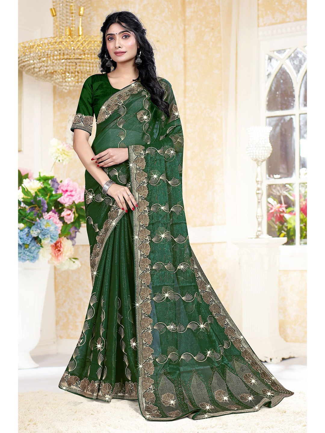 

ANJANI TEXTILE Ethnic Motifs Embroidered Beads and Stones Tissue Saree, Green