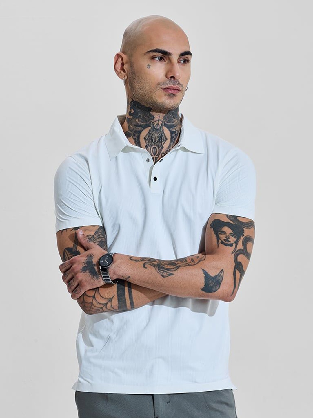 

Snitch Men Self Design Polo Collar Slim Fit T-shirt, White