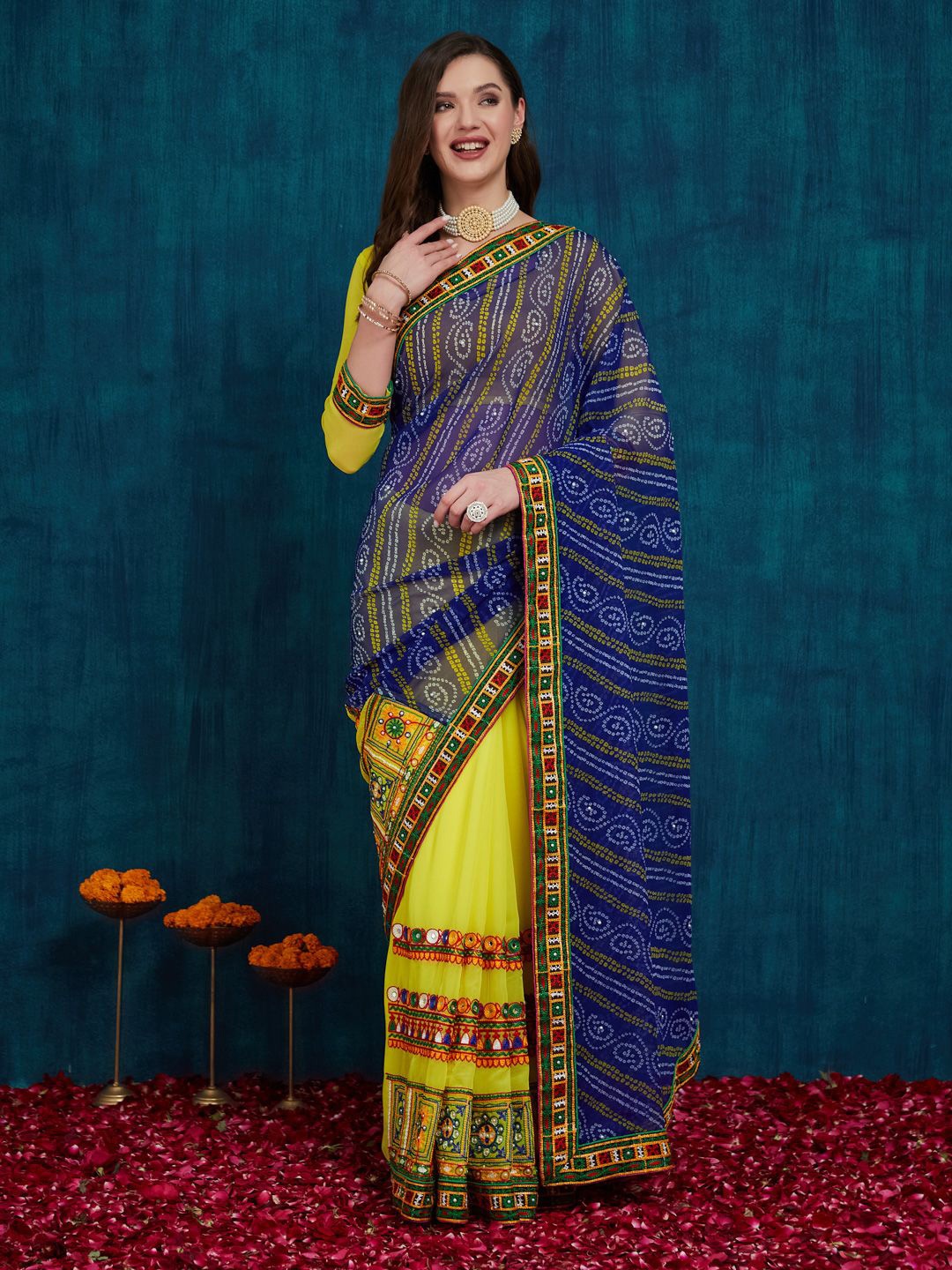

RAJGRANTH Kutchi Embroidery Pure Georgette Half and Half Bandhani Saree, Yellow