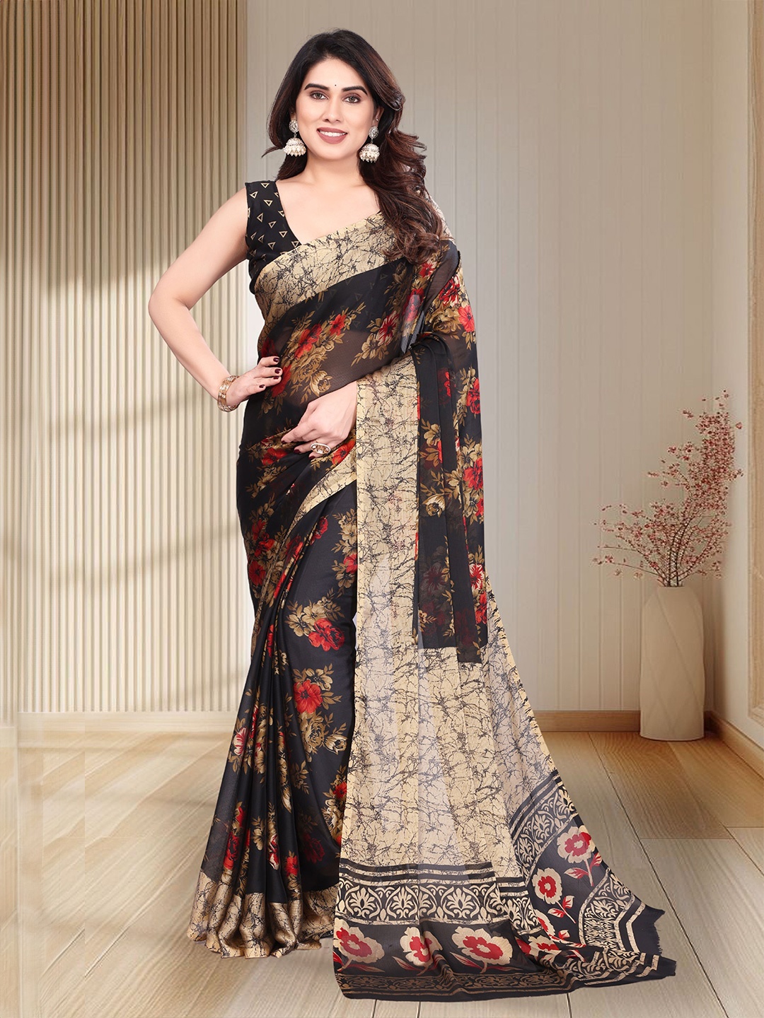 

SUPERLAXMI Floral Printed Pure Chiffon Saree, Black