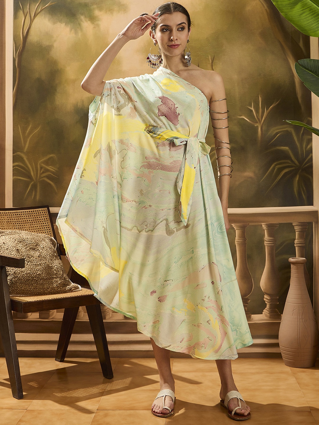 

Sangria Women Marble Printed One-Shoulder Kaftan Dress, Green