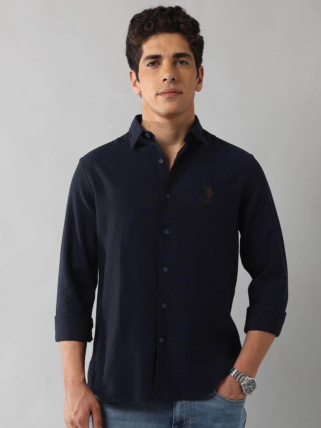 

U.S. Polo Assn. Denim Co. Men Classic Regular Fit Textured Cotton Casual Shirt, Navy blue